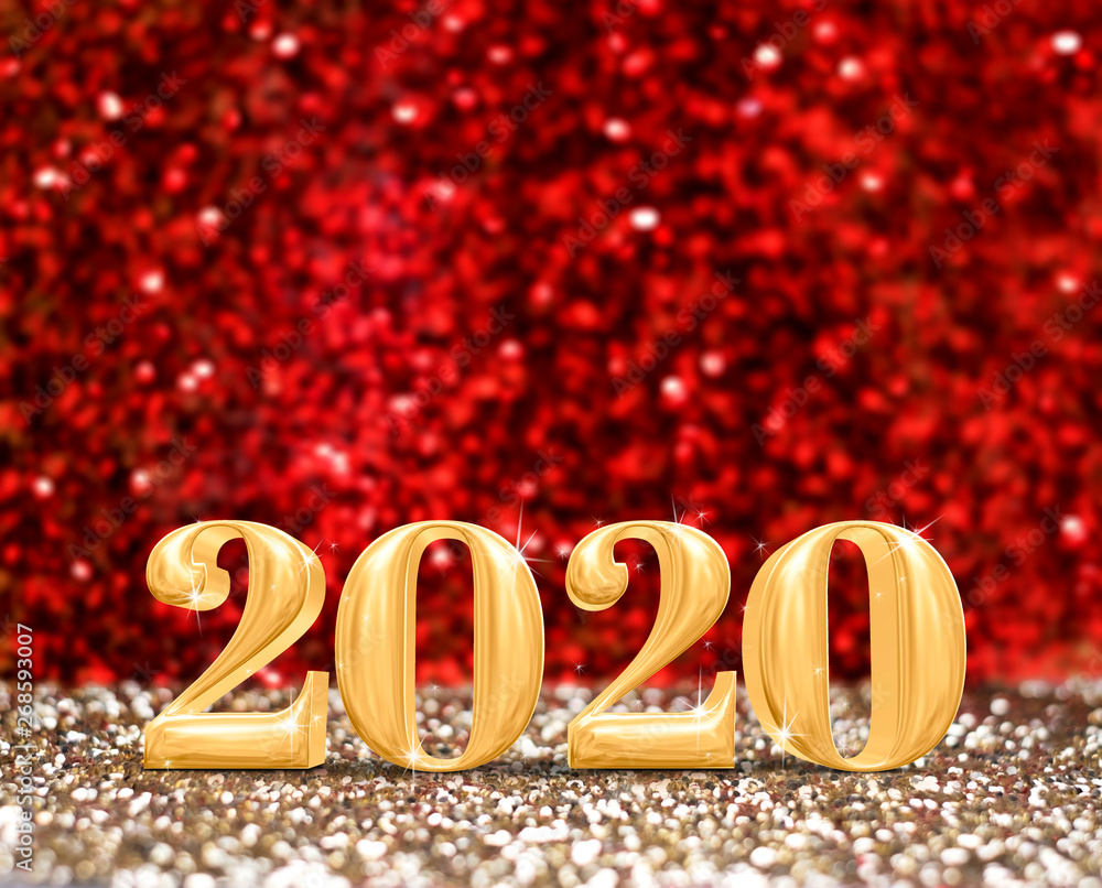 Poster happy new year 2020 year number ( 3d rendering ) at sparkling gold and red glitter studio background ,Holiday Greeting card.copy space for add content