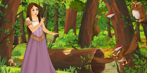 cartoon scene with happy young girl in the forest encountering pair of owls flying - illustration for children