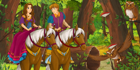 cartoon scene with happy young boy prince and girl princess riding on horse in the forest encountering pair of owls flying - illustration for children