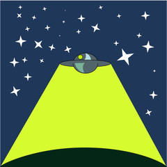 Alien ship - a stylized image of an unidentified flying object - a gravy boat, on a starry sky, shining on the planet below