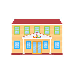 Kindergarten facade building. Vector. Preschool building front view. Nursery school icon isolated on white background. Cartoon flat illustration. Street education architecture.