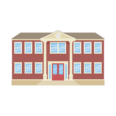 University facade building. Vector. College front view. Education building. High school icon isolated on white background. Cartoon flat illustration. Street architecture.