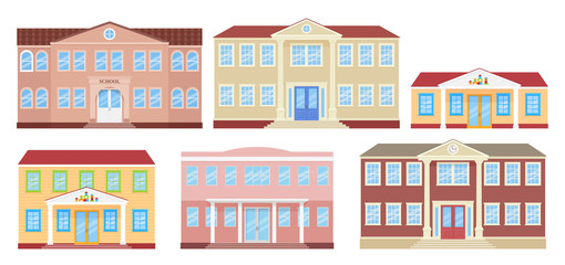 School building, university, kindergarten and college. Vector. Schoolhouse front view. Facade of education building. Set architecture icons isolated on white background. Cartoon flat illustration.