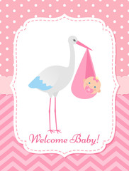 Baby Shower invitation card. Vector. Baby girl banner. Welcome template invite. Pink design. Cute birth party background. Happy greeting poster with newborn kid and stork. Cartoon flat illustration.