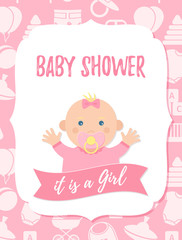 Baby Shower card. Vector. Baby girl invite design. Pink banner. Welcome template invitation Cute birth party background. Happy greeting poster. with newborn kid. Cartoon flat illustration.