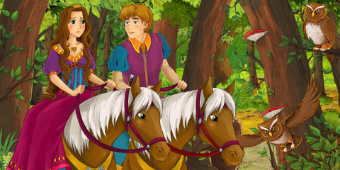 cartoon scene with happy young boy prince and girl princess riding on horse in the forest encountering pair of owls flying - illustration for children