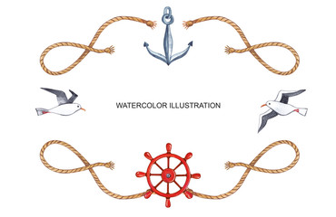  Watercolor illustration. Frame on the marine theme with gulls, ropes, anchor and steering. - obrazy, fototapety, plakaty