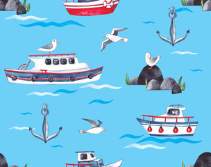 Pattern with boats, anchor and seagulls on blue background. Watercolor illustration.