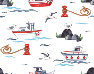 Obraz na płótnie Canvas Pattern with boats, bollard, rope and seagulls on a white background. Watercolor illustration.