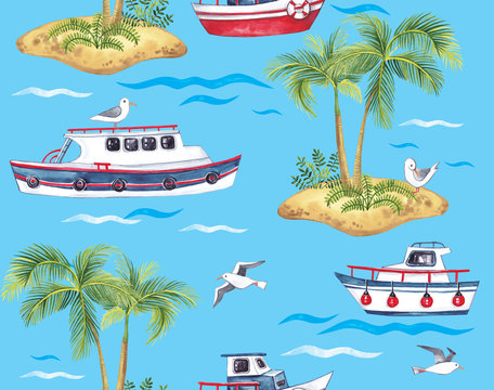  Watercolor illustration. Sea theme pattern with boats, palm trees, seagulls. It will look great on textiles and not only.