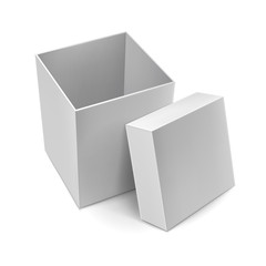 Opened delivery cardboard box mockup with shadow. Blank packaging box with cap isolated on white background vector illustration. Realistic white pasteboard container for post shipping.