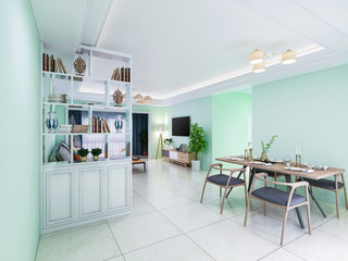 In the dining room area of the living room, the tableware has been placed