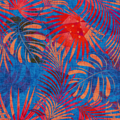 Seamless tropical pattern with red palm leaves on blue background. 