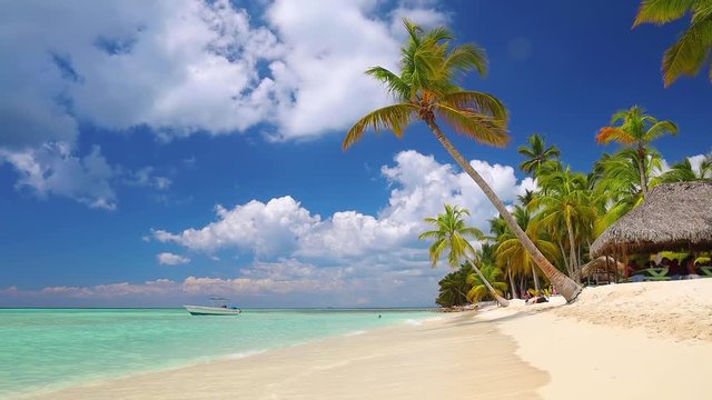 Paradise tropical beach and speed boat. Summer vacation on lonely exotic island
