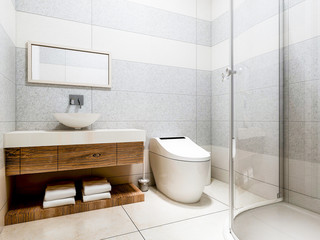 Modern bathroom in the home with smart toilet and shower, as well as sink and mirror - obrazy, fototapety, plakaty