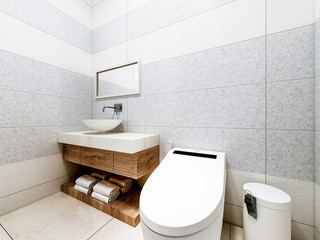 Modern bathroom in the home with smart toilet and shower, as well as sink and mirror