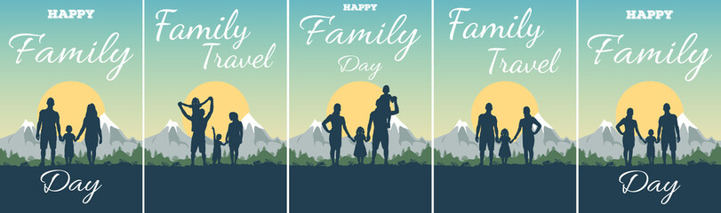 Greeting card with text Happy Family Day and Travel. Silhouette of father, mother, daughter and son on background of adventure landscape and mountain. Family in nature at sunset.