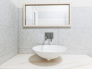 Modern bathroom in the home with smart toilet and shower, as well as sink and mirror