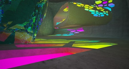 Abstract  Concrete and Glass Futuristic Sci-Fi interior With Colored Glowing Neon Tubes . 3D illustration and rendering.