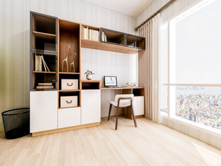 Modern study at home with large floor to ceiling windows and green plants, as well as bookcases