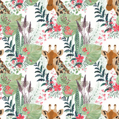 Seamless tropical pattern with giraffes and watercolor flowers, leaves.