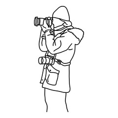 side view of photographer taking photo in winter vector illustration sketch doodle hand drawn with black lines isolated on white background