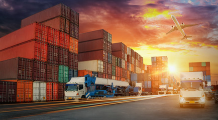 Logistics and transportation of Container Cargo ship and Cargo plane with working crane bridge in...