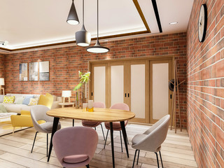 Tables and chairs and chandeliers in the beautiful dining room of the home