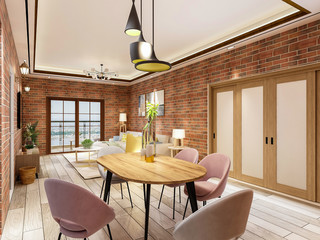 Tables and chairs and chandeliers in the beautiful dining room of the home