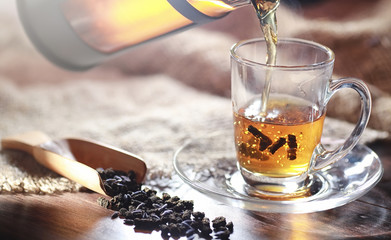 Brewed tea on a serving table