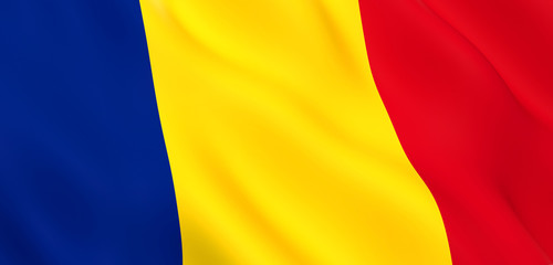Fototapeta premium National Fabric Wave Closeup Flag of Romania Waving in the Wind. 3d rendering illustration.