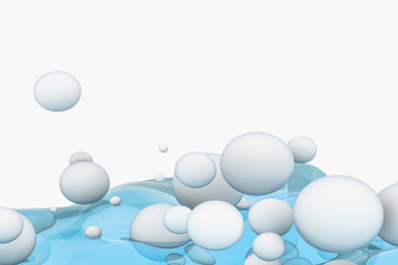 Light blue water wave cube, with creative spheres bubble, 3d rendering.