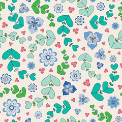 Summery seamless repeat pattern of outlined stylized flowers and leaves. A pretty floral vector design in green, blue and pink.