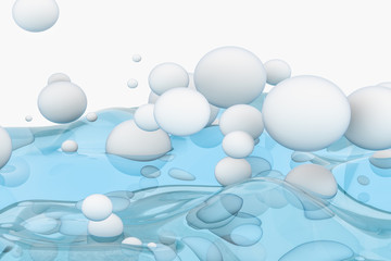 Light blue water wave cube, with creative spheres bubble, 3d rendering.