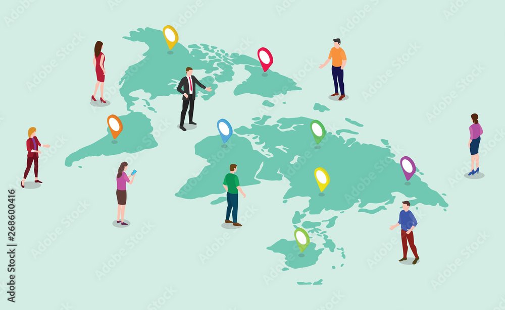 Poster global tracking concept with team people men and woman with world maps and tag marker gps location w