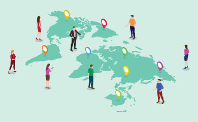 global tracking concept with team people men and woman with world maps and tag marker gps location with isometric 3d style - vector