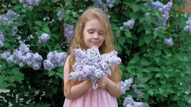 A little girl outdoors in a park or garden holds lilac flowers. Lilac bushes in the background. Summer, park