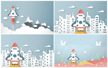 Fototapeta na wymiar Vector illustration with start up concept in paper cut, craft and origami style. Rocket is flying on blue sky. Template design for web banner, poster, cover, advertisement. It's art craft for kids.