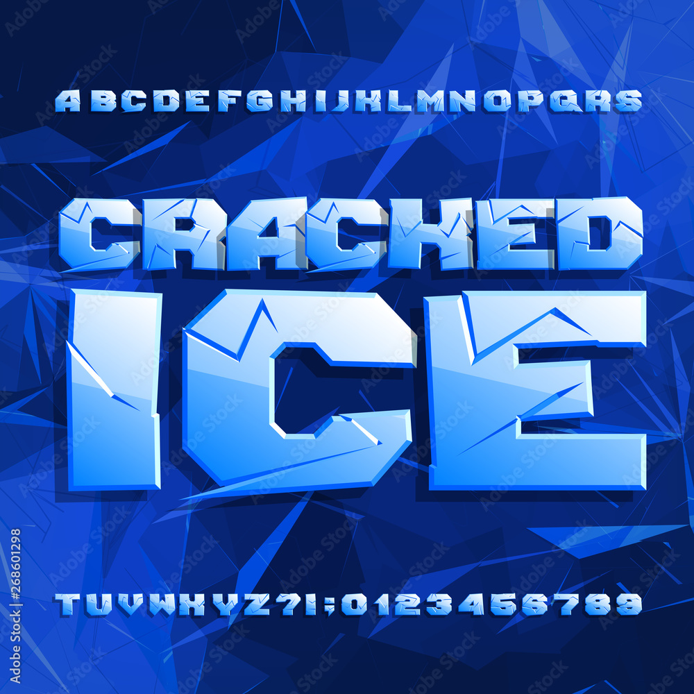 Fototapete cracked ice alphabet font. frozen letters and numbers on polygonal background. stock vector typescri