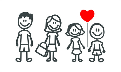 Set of happy cartoon doodle figure family, stick man. Stickman Illustration Featuring a Mother and Father and Kids. Vector Illustration, set of family in stick figures. Hand Drawn