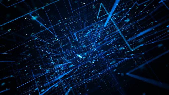 Fly through abstract 3D rendering of a scientific technology data binary code network conveying connectivity, complexity and data flood of modern digital age