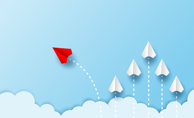 Different business concept.Red paper plane changing direction from white paper plane. new ideas. paper art style. creative idea. vector ,illustration.