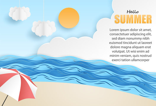Hello Summer background. travel and relax summer on the beach concept. design with beach ,umbrellas ,cloud ,sun and sea . paper art style. Vector.