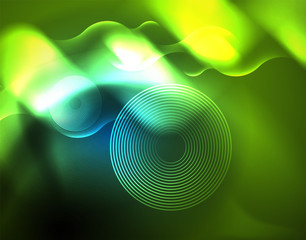 Fototapeta premium Neon glowing wave lines, blue hi-tech futuristic abstract background template
