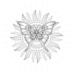 Vector illustration with hand drawn butterfly and Sacred geometric symbol on white background. Abstract mystic sign. Black linear shape. For you design, tattoo or magic craft.