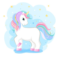 Cute magic cartoon unicorn. Illustration for children