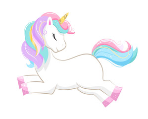 Cute magic cartoon unicorn. Illustration for children