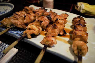 Yakitori skewered chicken at an Izakaya in Tokyo, Japan