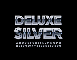 Vector Deluxe Silver Alphabet Letters and Numbers. Metal Uppercase Font 