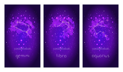 Set of three cards with Zodiac constellations and hand drawn lettering against the starry sky. Collection of the Air elements: gemini, libra, aquarius. Vector illustration.